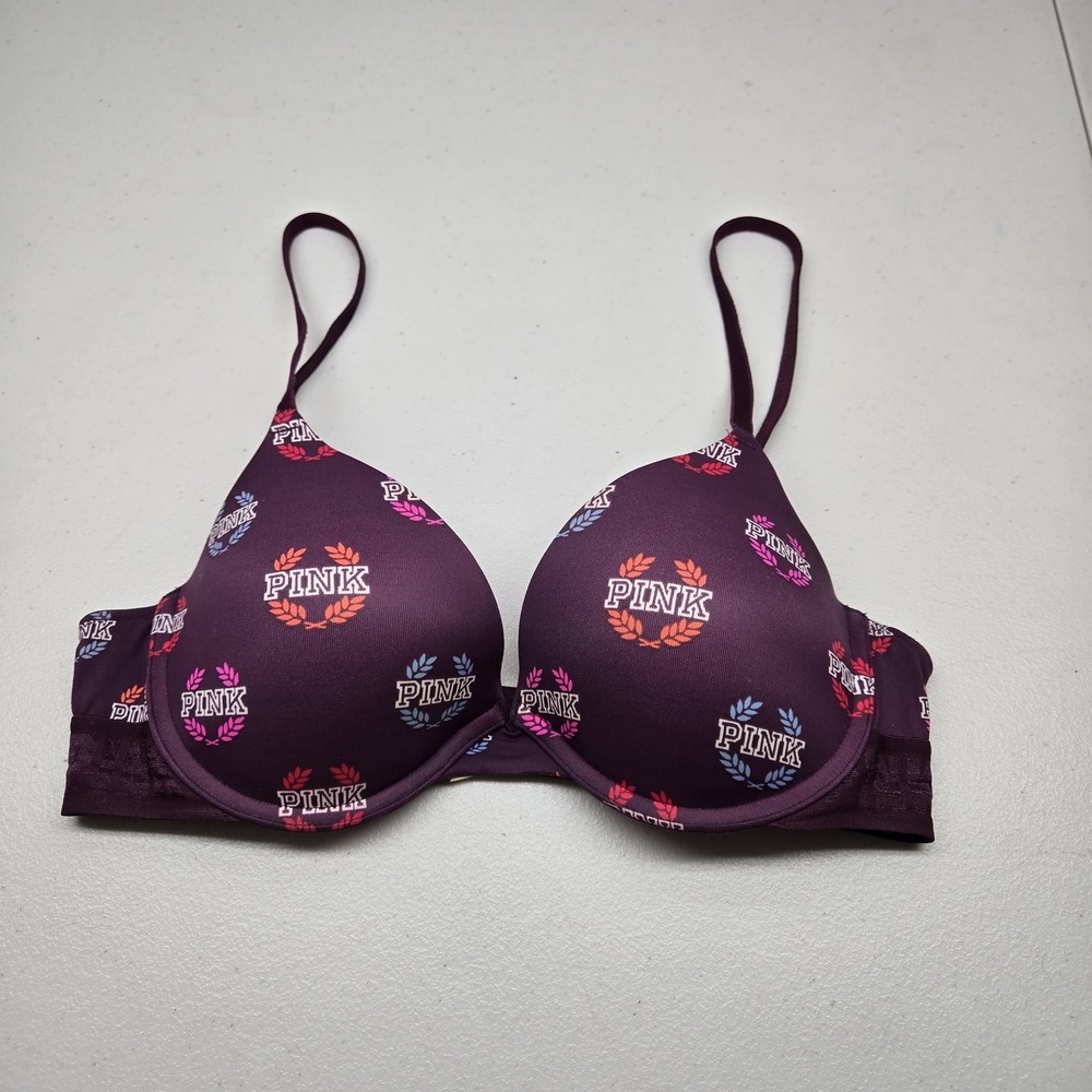 PINK Women Bra 34C Purple Crest Logo Push Up Underwire Convertible READ